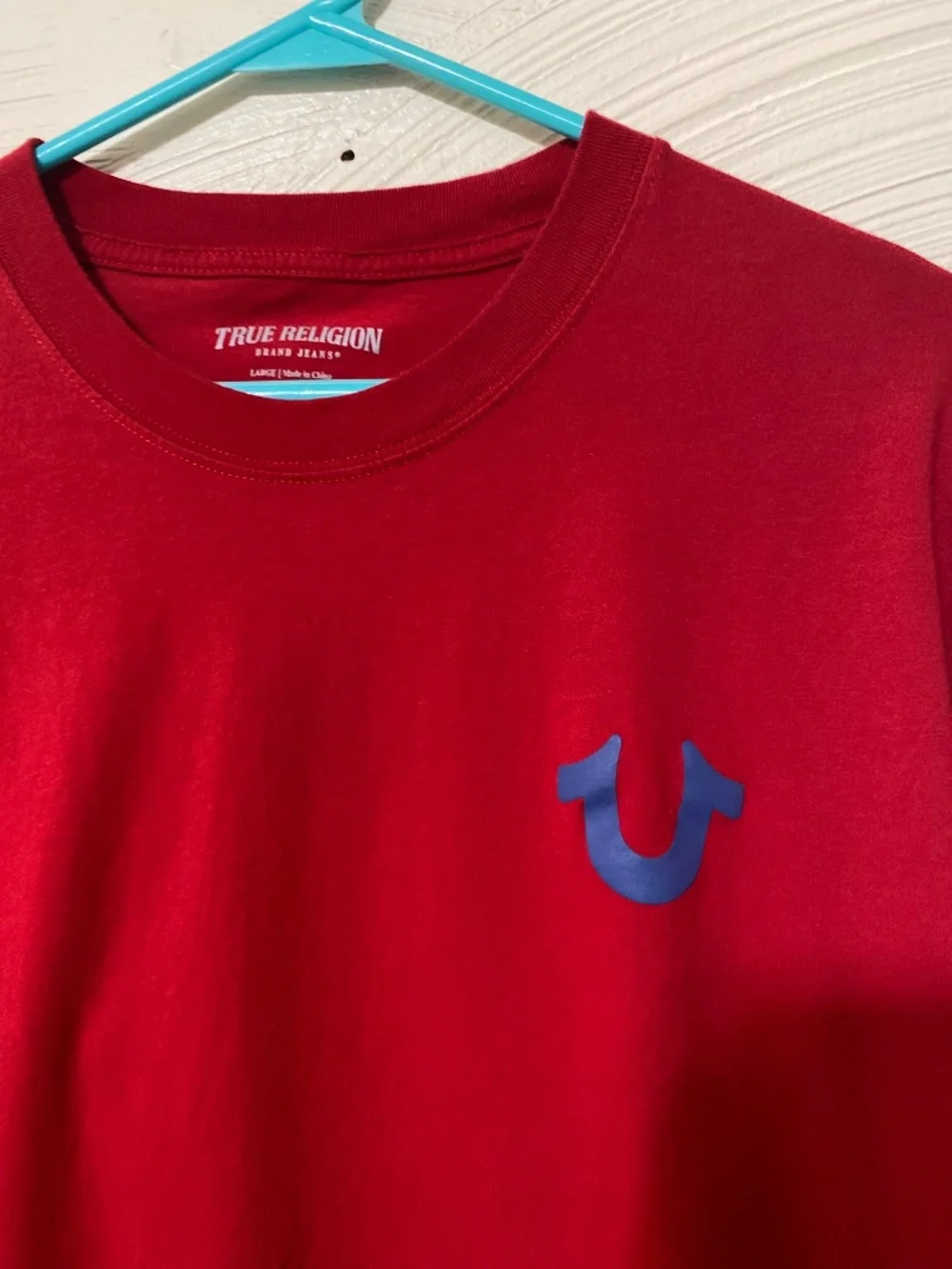 True religion Mens large Cotton long sleeve tee shirt red blue & white
